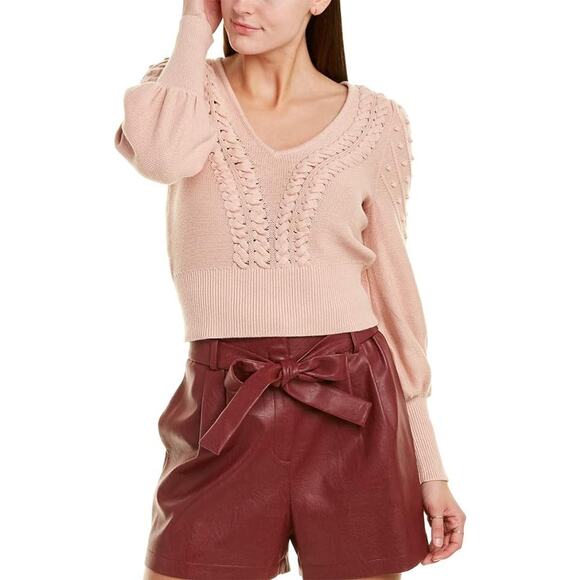 BCBG Max Azria Dust Rose V-neck Puff Sleeve Knit Sweater w/Detailed Pattern - XS - Picture 1 of 7